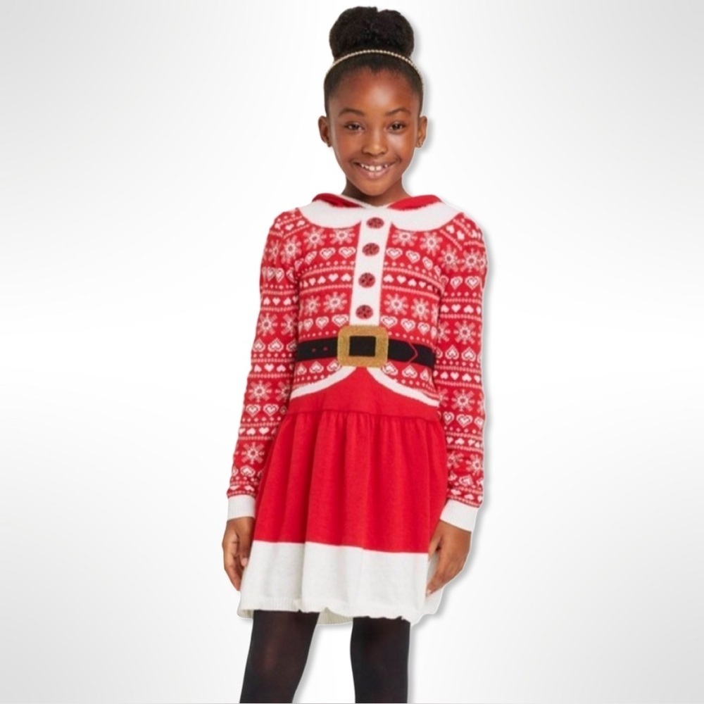 Holiday Sweater Mrs. Claus Christmas Sweater Dress Size 10 -12 Santa Hat Hood